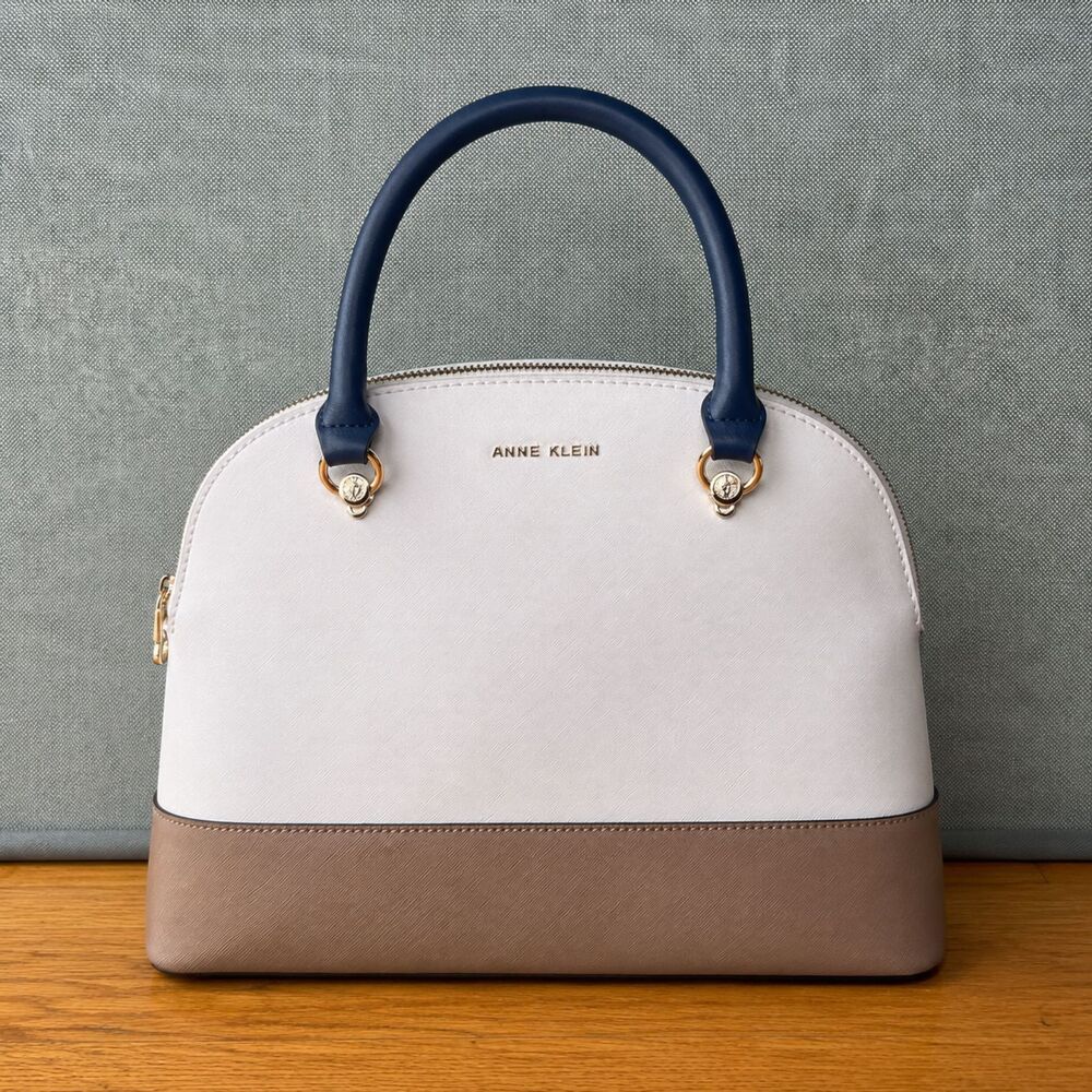 Anne Klein Saffiano Dome Satchel Handbag White Tan Navy Colorblock Gold Hardware